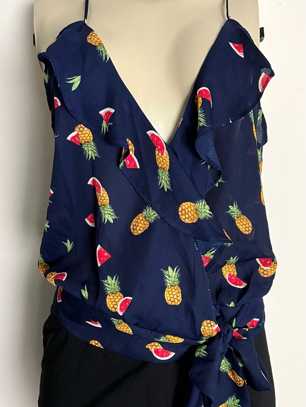 Navy Pineapple & Watermelon Ruffle Tie-Front Cami